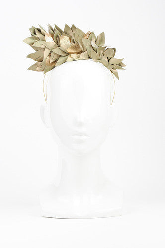 Gold Leather Leaf Headband by Natalie Bikicki Millinery Wedding Headpiece