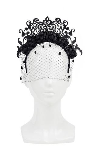 Black leather flower and laser cut headband with veil by Amanda Dudley Millinery