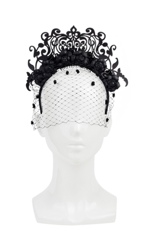 Black leather flower and laser cut headband with veil by Amanda Dudley Millinery