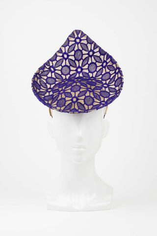 Hathor - Cobalt Blue & Gold Lace Saucer Hat by Amanda Dudley Millinery